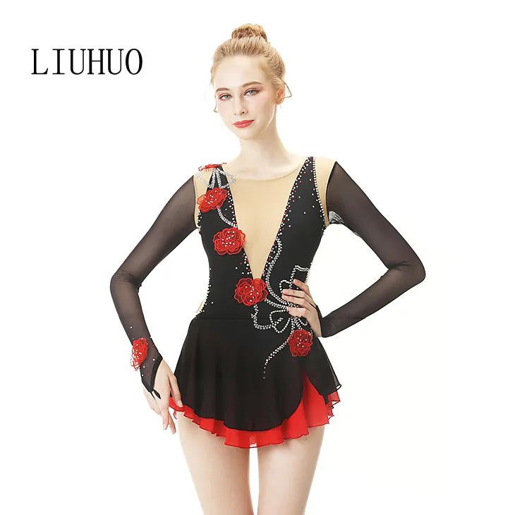 LIUHUO 고품질 스케이팅 드레스는 꽃에게 댄스 의상 전문 아이스 스케이팅 드레스 스케이트 긴 소매 빨간색