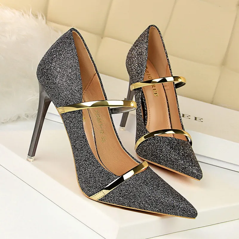 Women's High Heels Shallow Mouth Pointed Sequins Women High Heels Fashion Sexy Thin Skinny High Heels Female Shoes