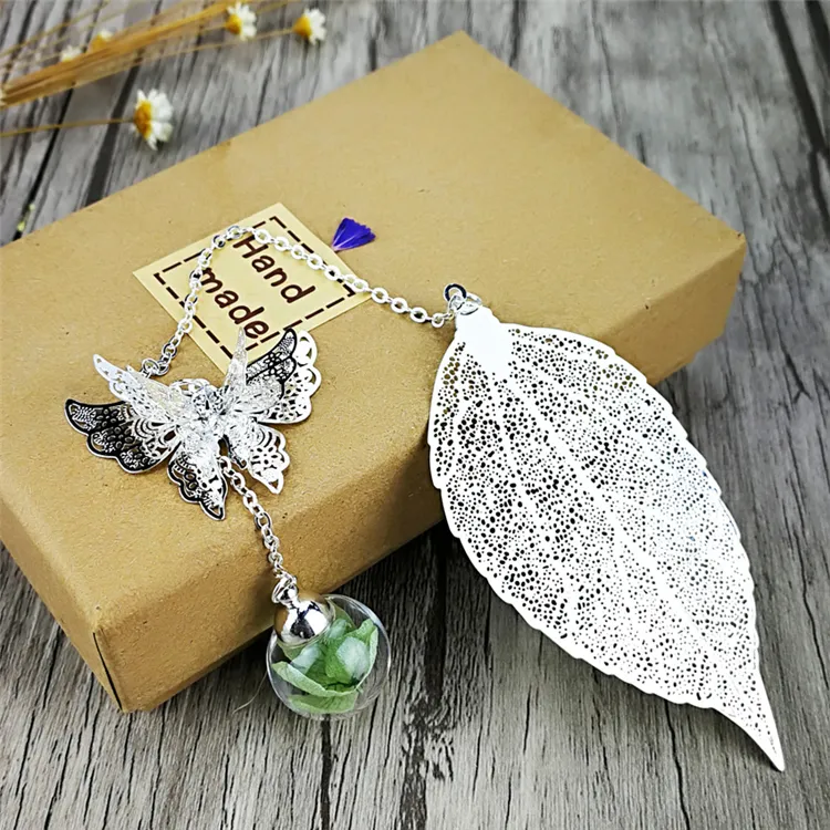 Bookmark Pudełko Pudełko Zestaw Graduation Souvenir Nauczyciel Giveaway Metal Leaf Srebrzysty Unikalny Szczęście Urok Suchy Kwiat Ślubny Gościnny