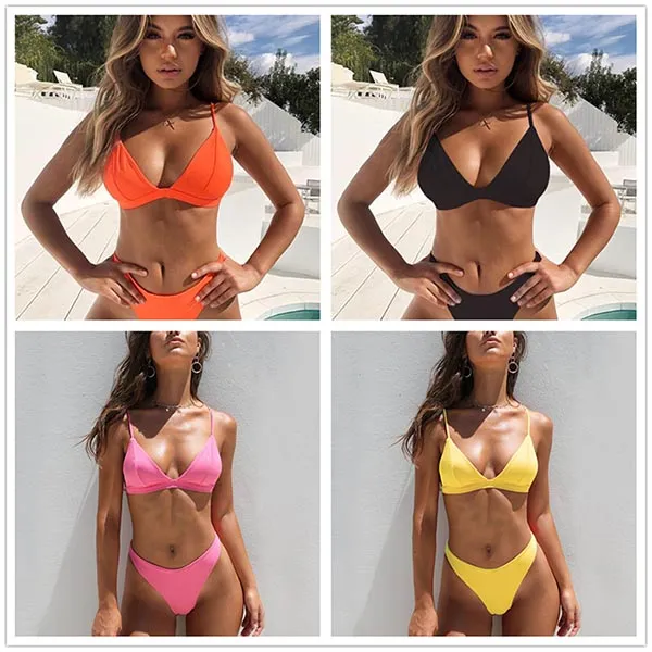 Hirigin Thong Bikini Set Swimwear Pure Color Push Up Padded Swimsuit Biquini Women Bathing Suit Summer Beachwear