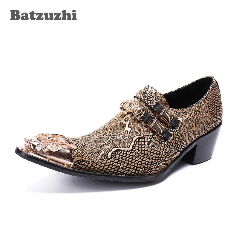 Batzzhi Western Pop zapatos de hombre de cuero dorado con punta de Metal dorado zapatos Oxford para hombre tacones de 6,5 cm zapatos de cuero para negocios, fiestas y bodas