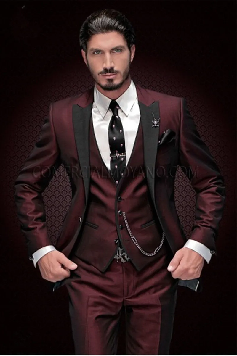 Maroon Red 3 Piece Tuxedo Suit with Black Contrast Waistcoat & Pants –  archerslounge