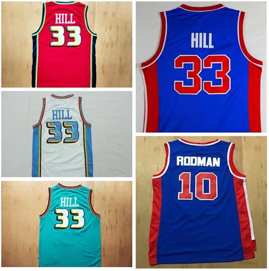 最高品質のヴィンテージ＃33 Grant Hill Jerseysブルーレッドホワイトステッチグラントヒルシャツメンズ10＃デニスロドマンジャージーブルーシャツステッチ