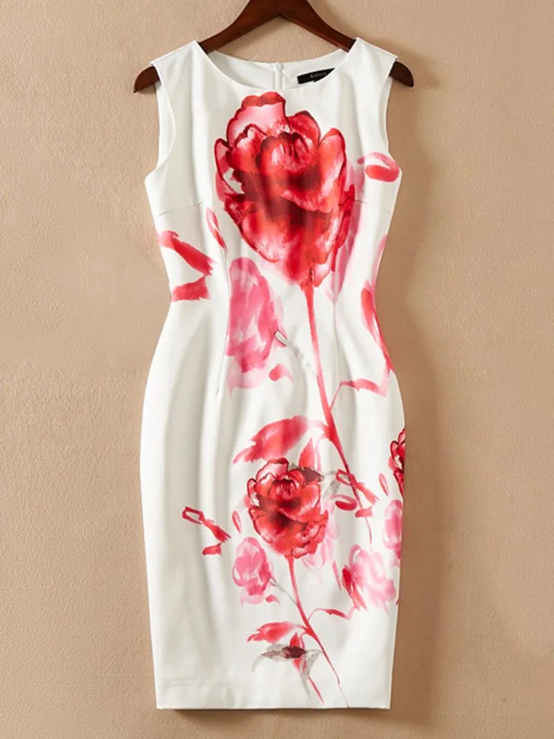 패션 꽃 프린트 여성 칼집 드레스 민소매 O-목 드레스