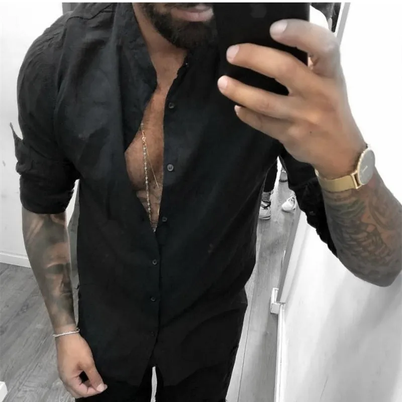 Male Shirt Mens Breathable Solid Color Shirt Casual Long Sleeve Stand Collar Fashion Slim Fit Simple Designer