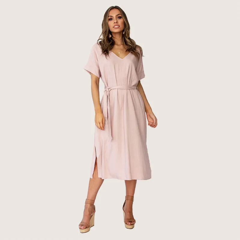 Abito estivo spaccato dalla fasciatura casual per le donne 2019 Abito vintage in cotone e lino solido Abiti con scollo a V a vita alta Abito sexy Veste Femme