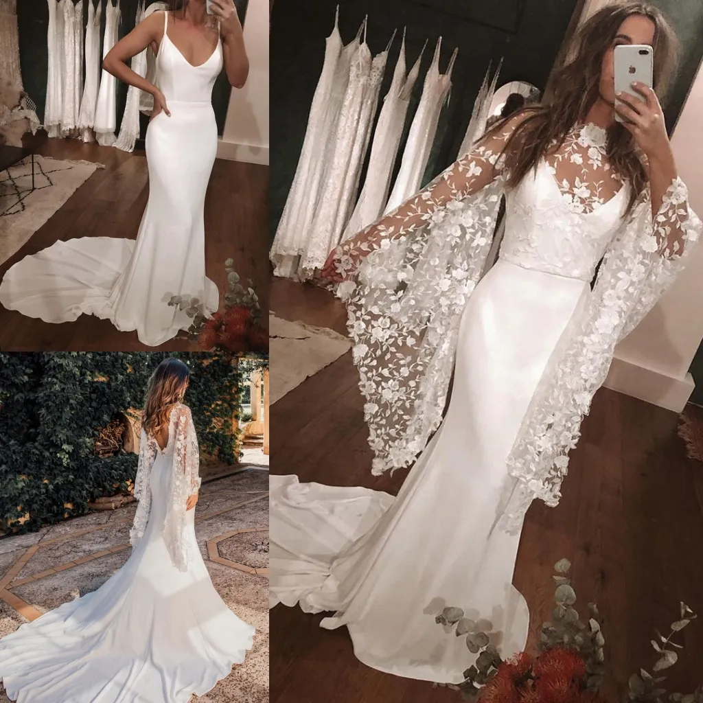 Vintage-geïnspireerde trouwjurken 2020 met afneembare bloemenkaaphuls / kolom Satijnrobe de Mariage Backless Vestidos de Novia Court Train