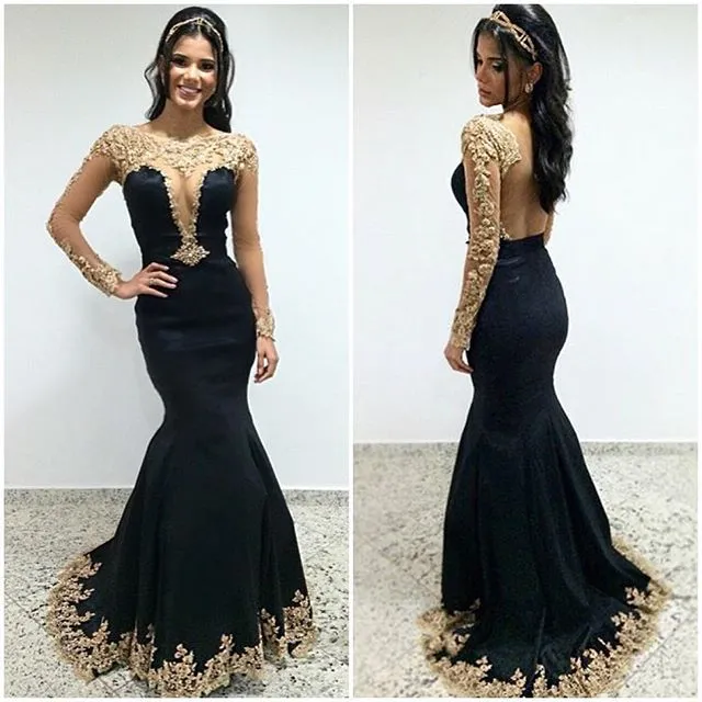 2019 Sheer z długim rękawem Mermaid Prom Dresses Gold Applique Beaded Black Girls Prom Sukienka Wieczorne Party Formalne Suknie Vestido de Movia Long