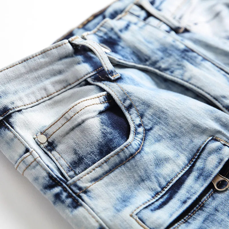 Mens Snow Washed Light Blue Biker Jeans For Motorcycle Pleated Slim Straight Stretch Denim Pants From 28 42 DHgate