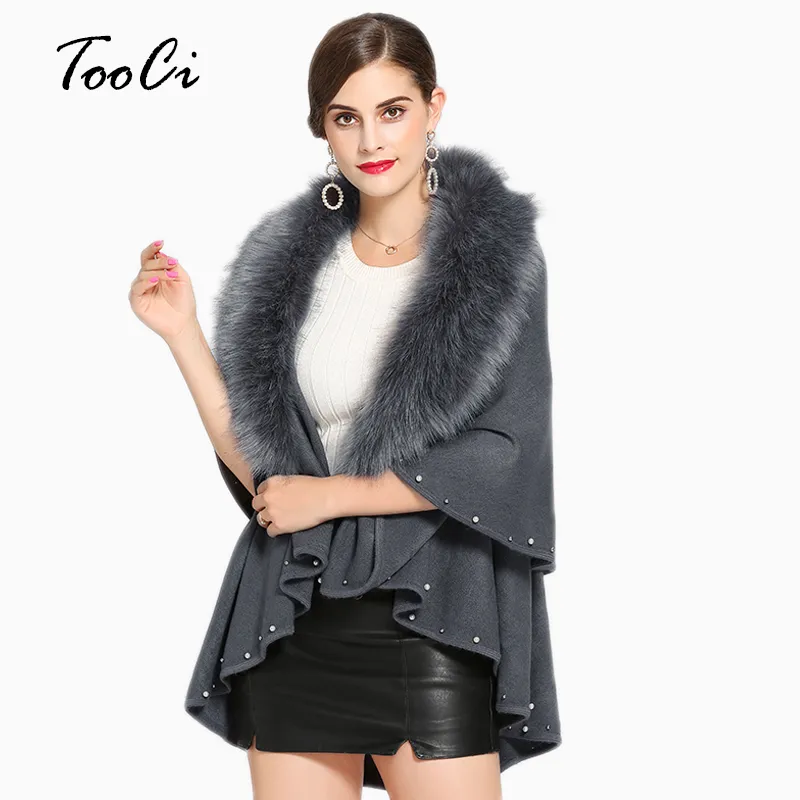 Elegant 2018 Autumn Black Faux Fur Coat Women Ponchos And Capes Fur Cashmere Feel Women Sweater cardigan