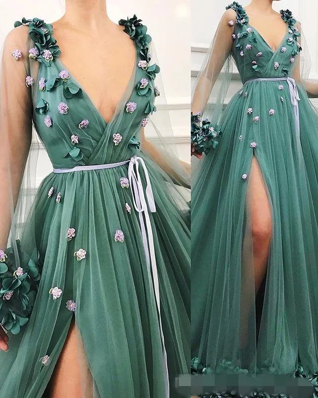 Groene vintage prom -jurken sexy plunging v nek zijsplaraat lange dichter mouwen illusie d appliqued sweep trein formele avondjurk