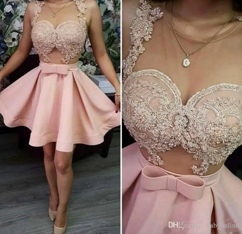 Sexy Elegancki Różowy A-Line Homecoming Sukienki Sheer Neck Lace Aplikacje Krótka sukienka Prom Patrz Tanie Suknie Party Cocktail Tanie