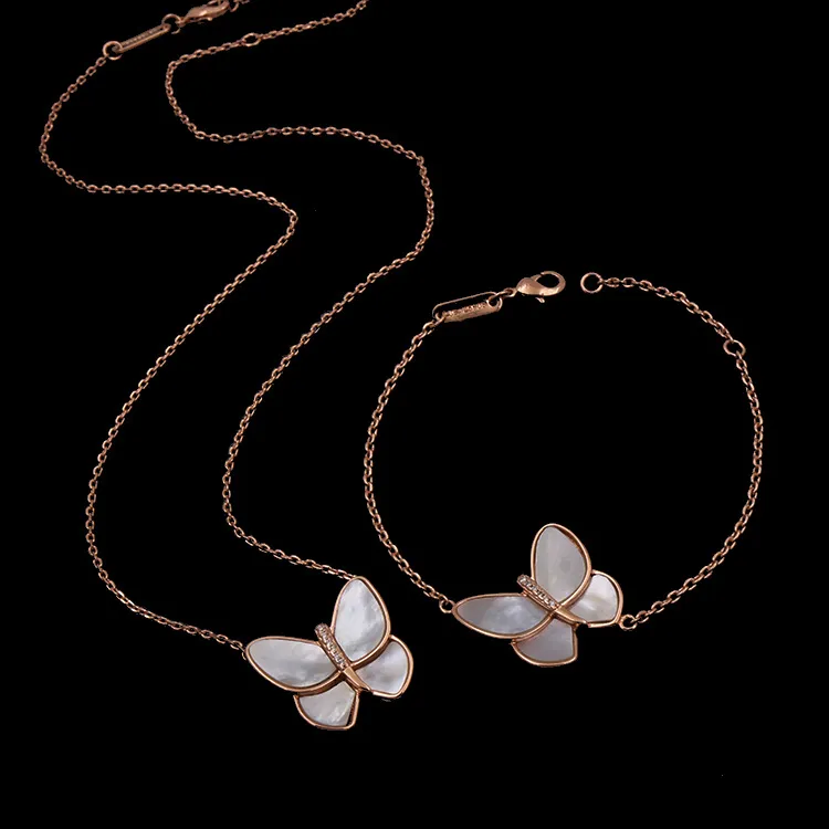 Hot gold plated jewelry with white bearing butterfly with diamond copper plated rose gold necklace bracelet set