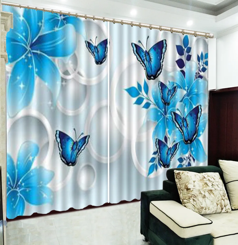 Rideau 3D fleurs bleues attirer les papillons bleus pour danser salon chambre beaux rideaux occultants pratiques