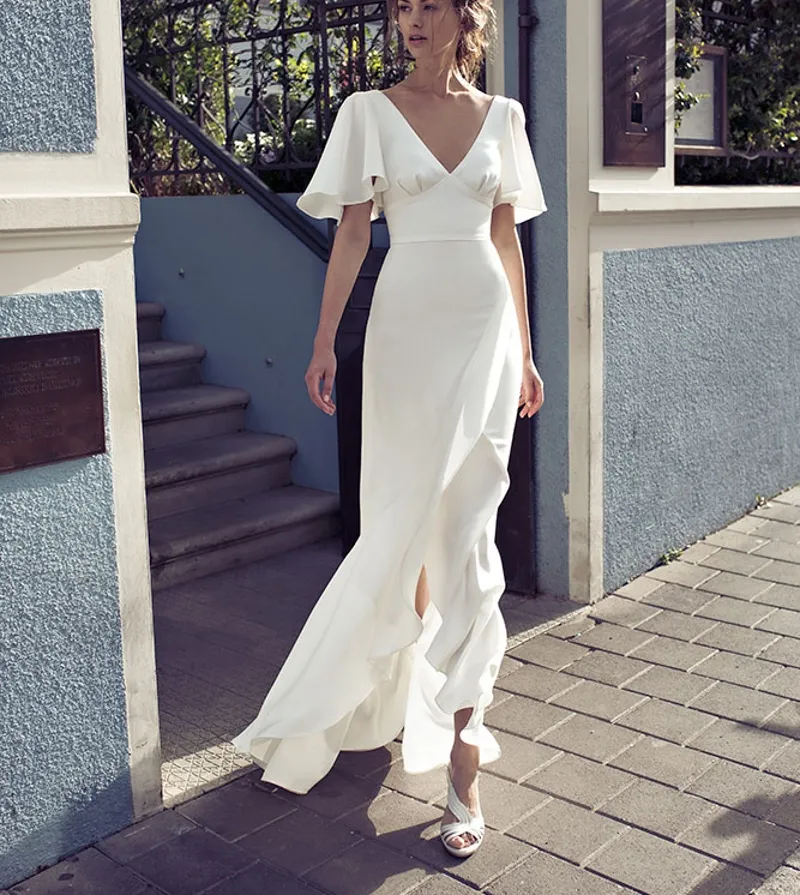 2022 Brautkleider Ensotek V-Ausschnitt Strand Brautkleider Vestido Noiva Praia Einfache Rüschen Casamento Boho Custom Asymmetrisch