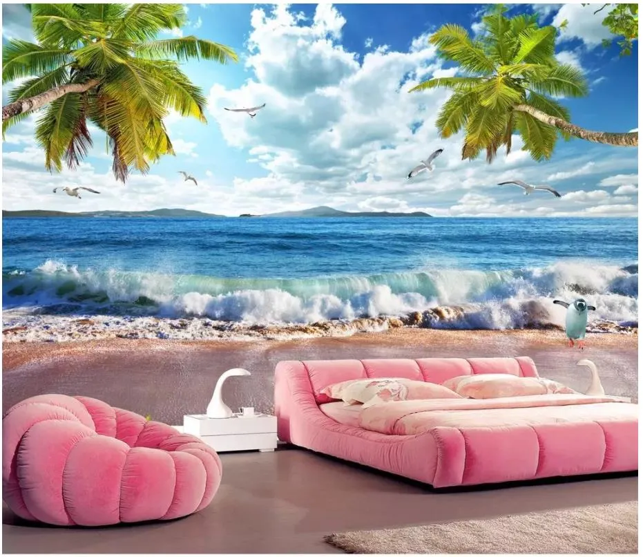 Atacado-murais-Personalizados 3d papéis de parede home decor Papel de parede da foto Spray de praia Havaí Seascape Pintura Paisagem Coconut TV Background