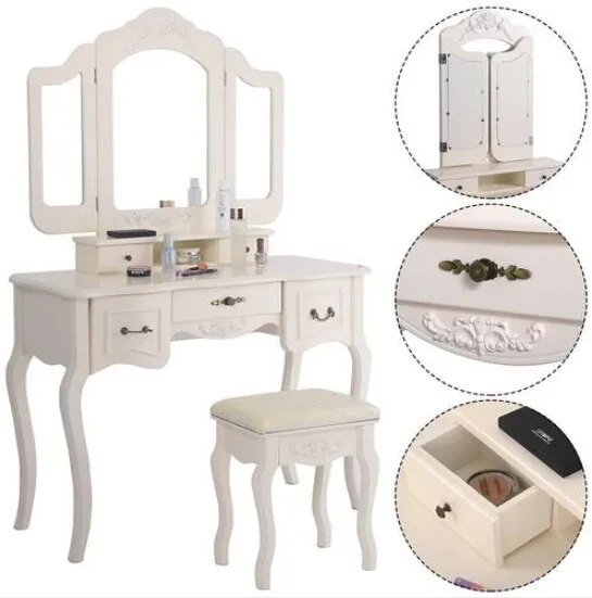 Free Shipping Wholesales Tri-fold Mirror Dresser with Dressing Stool White Dressing Table 5 Drawers
