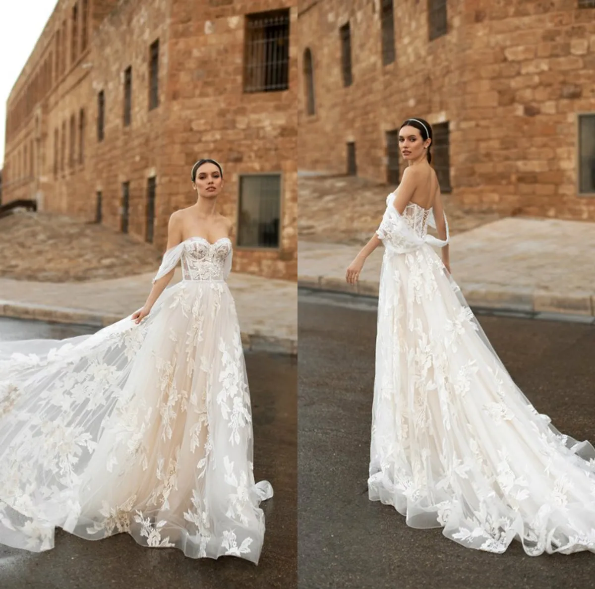2020 Floral A-ligne robes de mariée sur mesure chérie appliqué perlé dentelle tribunal train robe de mariée dos nu volants plage robe de mariée