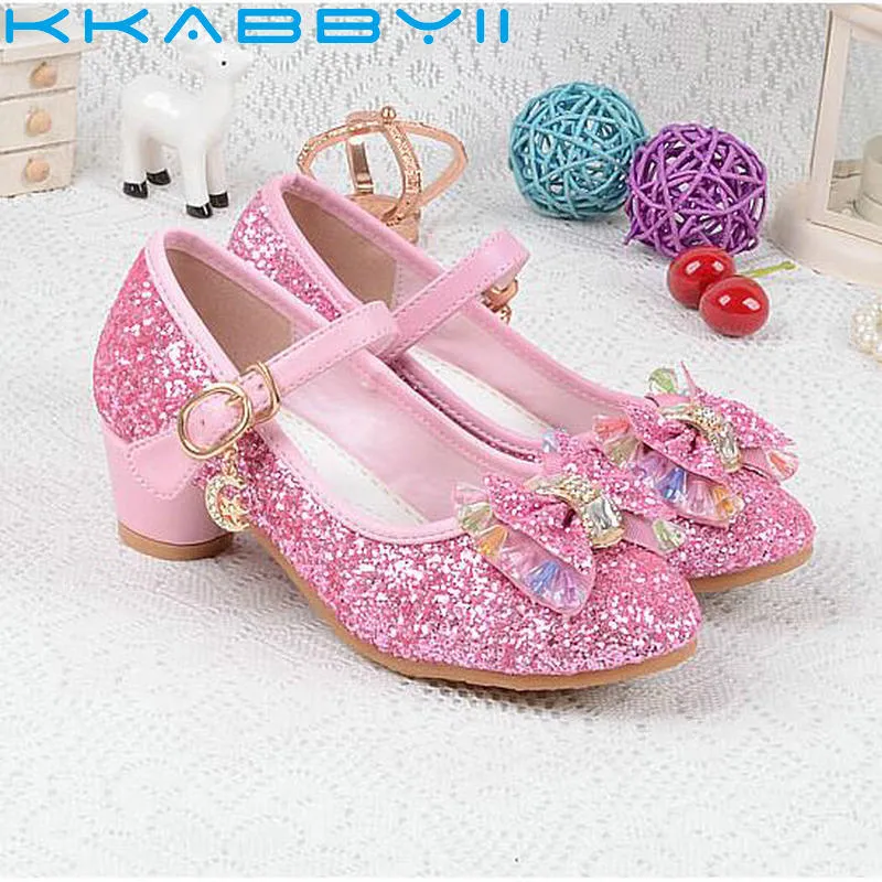 Spring Kids Girls Shoes High Heels For Party Sequined Blue Pink Sandals Ankle Strap Snow Queen Children Girls Shoes