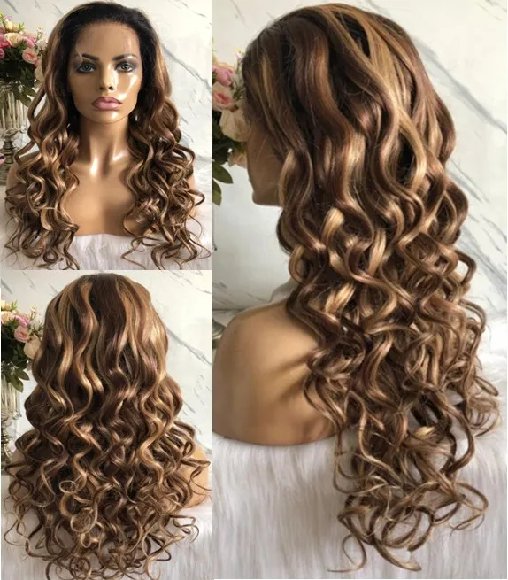 Lace Front Wigs Loose Wave 10A Omber Highlight Couleur Européenne Vierge Cheveux Humains Full Lace Wig pour Femme Noire Livraison Express Rapide