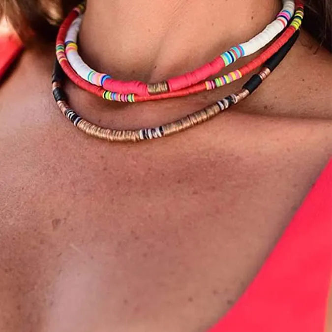 Surfer Choker Boho Gioielli Leggero Colorato Disco in Vinile Africano Collana di Perline per Donne Ragazze208G