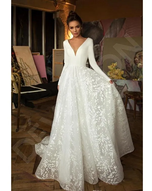 2020 Boho Modern Long Sleeve Princess Wedding Dresses V Neck Covered Button Backless Lace Train Bridal Gown Vestido de Novia BC2474