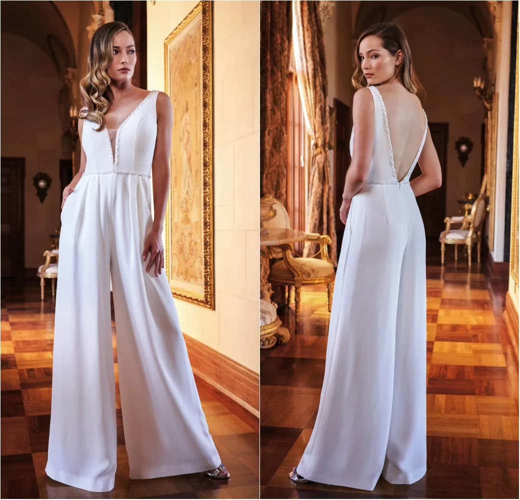 Vintage satijnen trouwjurken jumpsuit kralen v nek bruidsjurken met wraps vestido de novia illusie backless boho trouwjurk