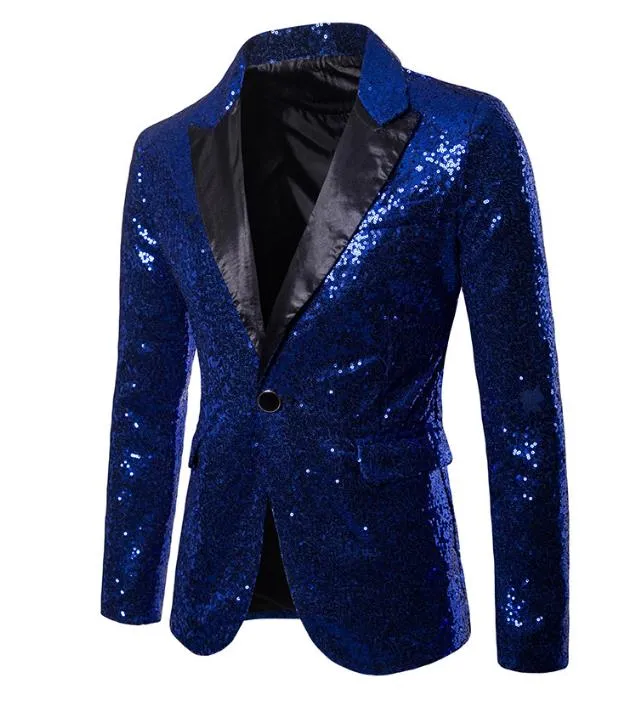Mens Shining Sequin Blazer Suit Jacket for Host One Button Blazer Coat Cocktail Party Banquet Prom S XXL gold blue red black silver purple