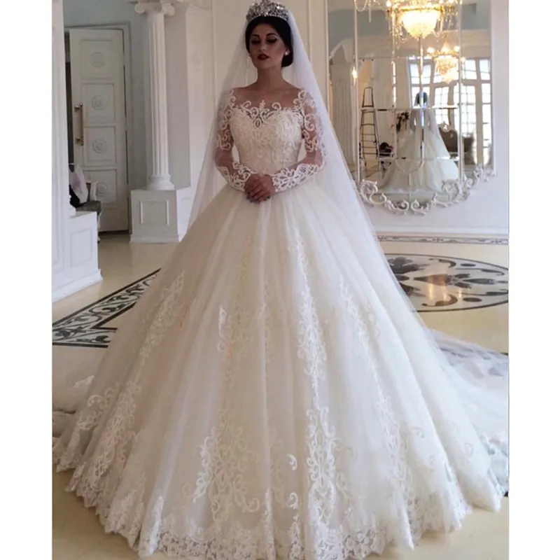 Hermosa princesa vestido de bola vestidos de novia cuello de novia de manga larga encaje apliques Hermosa princesa vestido de bola vestidos de novia cuello de novia de manga larga encaje apliques