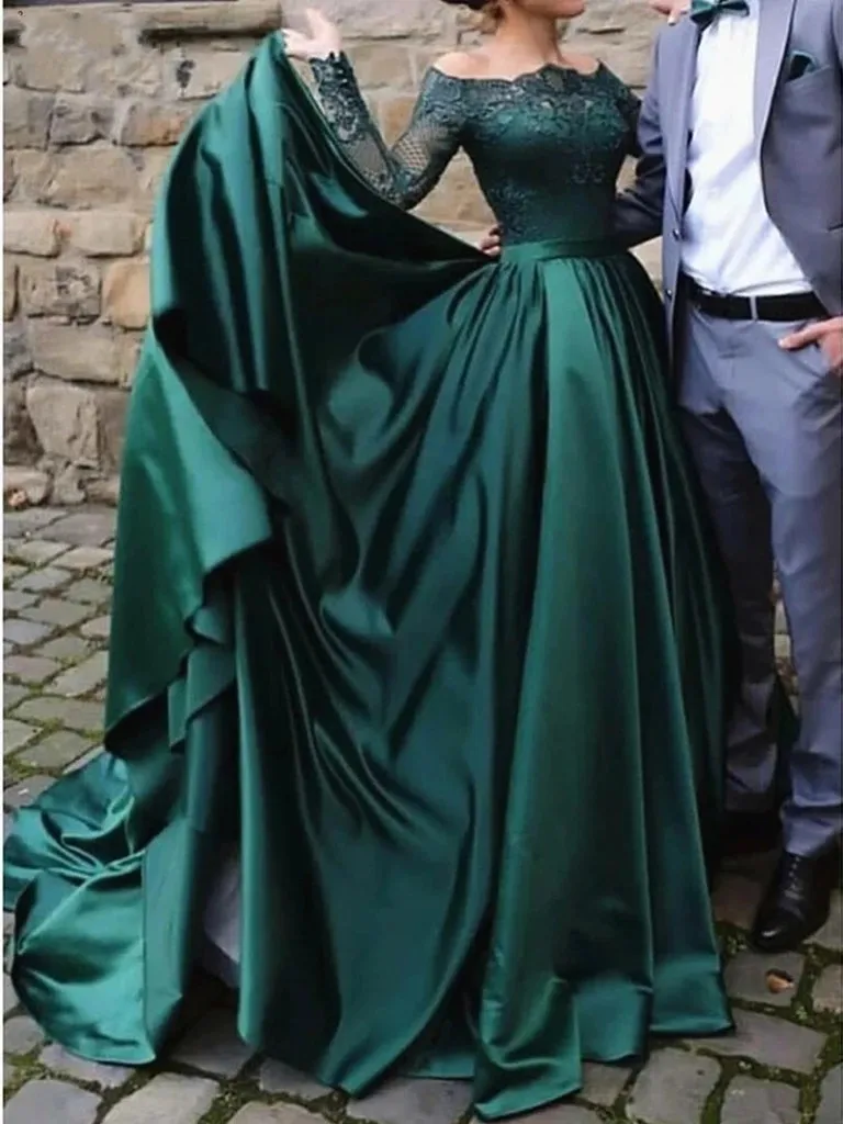 Eleganckie Muzułmańskie Długie Rękawy Koronki Szmaragdowe Green Suknie Wieczorowe 2019 Off The Ramię Długie Rękawy Satin Formalna Suknia Party Ball Suknia