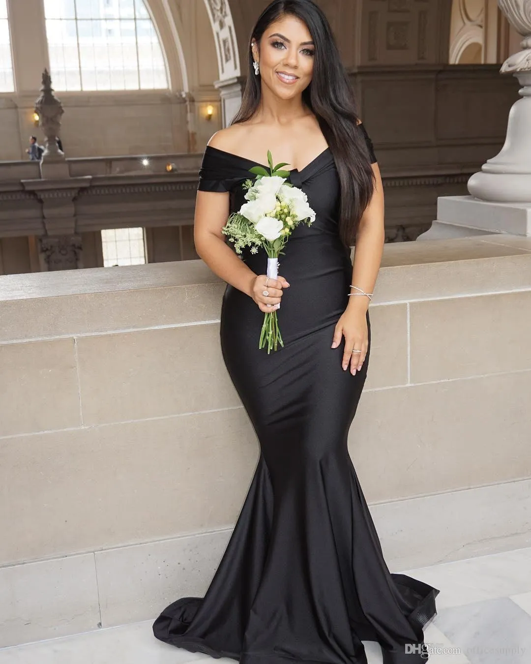 Off-Shoulder Black Mermaid Black satin bridesmaid dresses with V-Neck and Pleats - Perfect for Weddings, Proms, and Parties Off-Shoulder Black Mermaid Black satin bridesmaid dresses with V-Neck and Pleats - Perfect for Weddings, Proms, and Parties