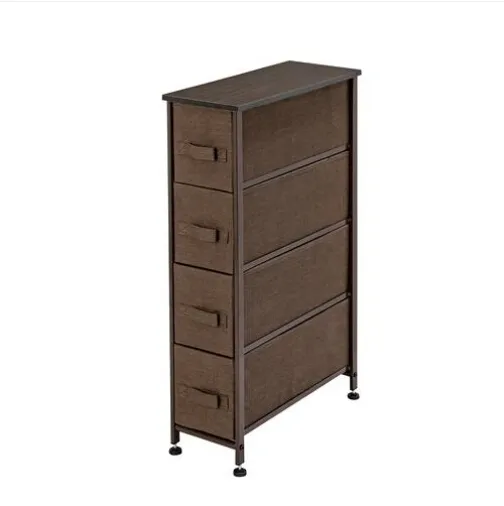 Brown Narrow Dresser Vertical Storage Unit +4 Fabric Drawers Slim Storage Tower