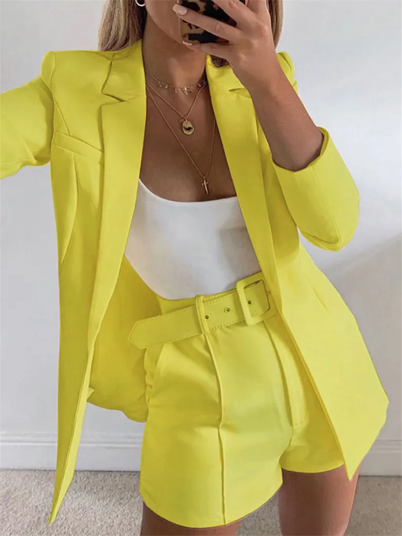 Solid Color Womens Pant Suits Long Blazer Short Pants Suits Casual Loose Lapel Neck Single Breasted Ladies Sets