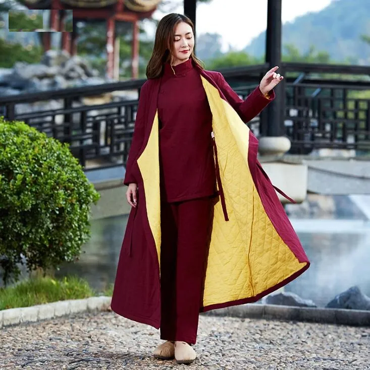 Women's cotton linen long knee literature and art cotton padded jacket robe meditation Guqin playing teaism Enlarged and widened Zen tea