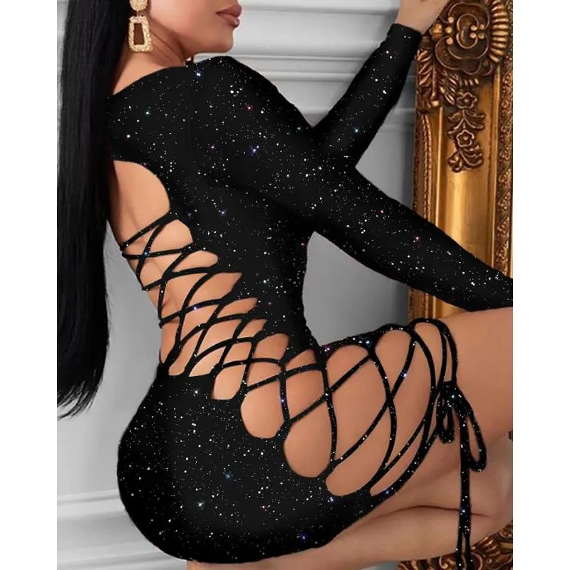Casual Dresses Fashion Women Sexy Bling Bodycon Mini Dress Långärmad Glitter Bandage Hollow Out Lace Up Evening Party Club Ladies