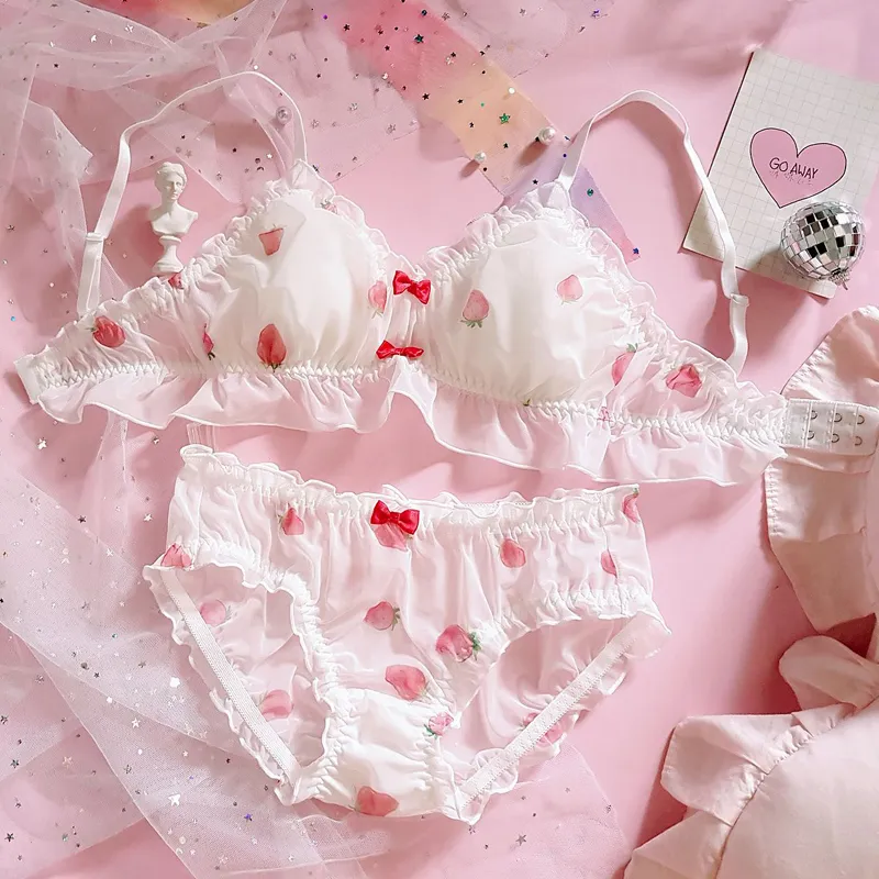 Wholesale-Japanese Cute Strawberry Chiffon Bra & Panties Set Ruffles Trim  Wirefree Soft Underwear Sleep Intimates Set Kawaii Lolita Bras