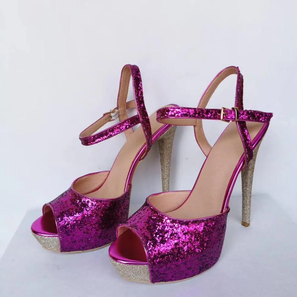 rontic 여성 반짝이 플랫폼 샌들 섹시한 얇은 하이힐 샌들 Peep 발가락 화려한 자홍색 파티 신발 여성 미국 플러스 사이즈 5-15