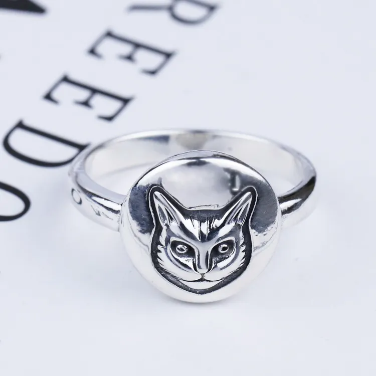 S925 Silver Cat Head Ring Vintage Classic Sterling Silver Cat Face Ring British Style Hip-Hop Male and Female Thai Silver Ring