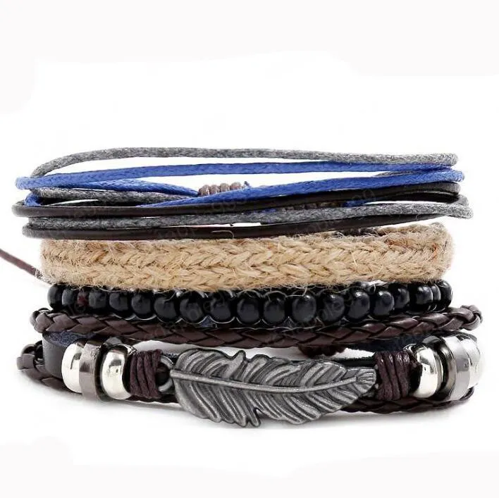 braccialetto in vera pelle foglia perline corda di canapa braccialetto semplice e facile regolabile braccialetto da uomo combinato 4 stili / 1 set