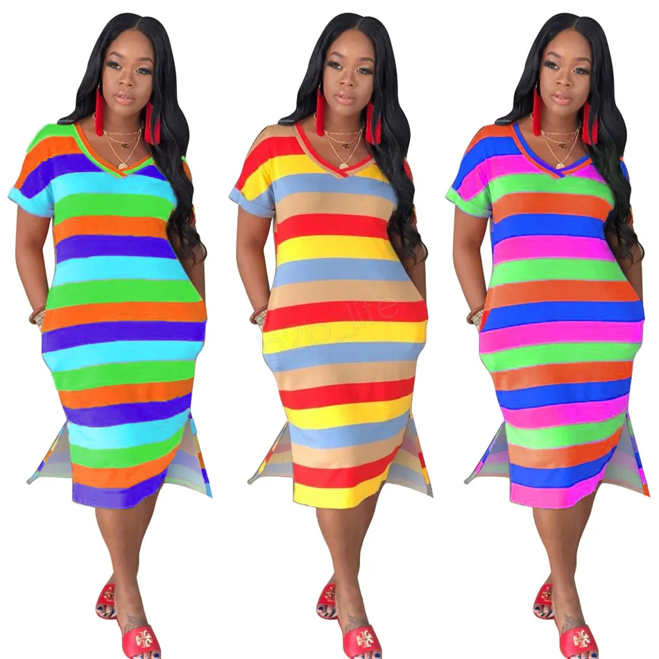 Women striped midi dresses summer clothing contrast color v-neck t-shirt short sleeve loose pocket fashion street dresses LJJA2778