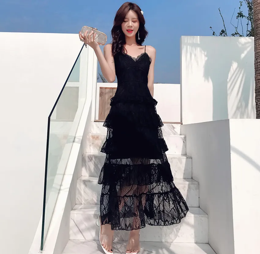 Summer Cake Holiday Black Evening Dress for Women - A-Line Brand, Black Lace Layers, Ruffles, Maxi Length, Spaghetti Strap, Perfect for Parties and