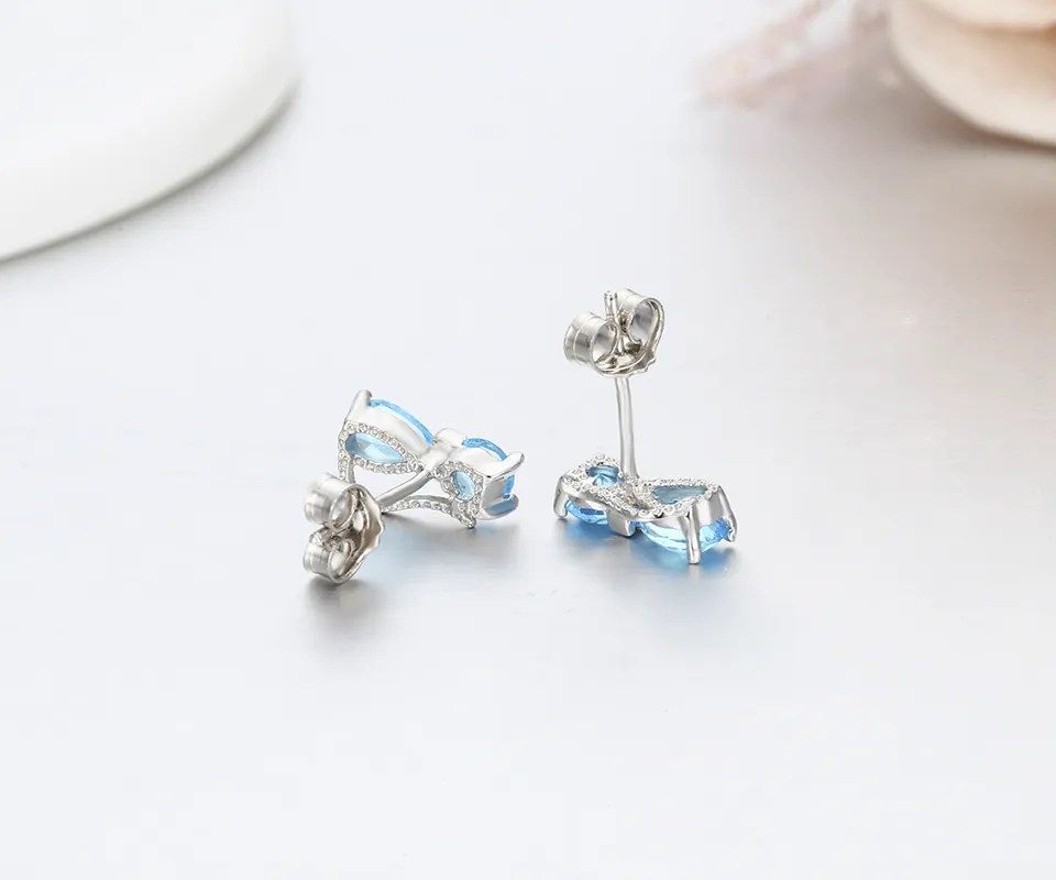 Fashion-925 Sterling Silver Cute kittens Kitty Cat Ocean Blue Crystals Stud Earrings For Women Girls Kids Child Jewelry Anti-Allergic