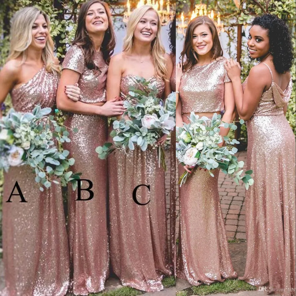 Bling Sparkly Bridesmaid Rose Gold Sequins Cheap Mermaid Two Pieces Backless Country Beach Party Dresses Wedding Guest Dress