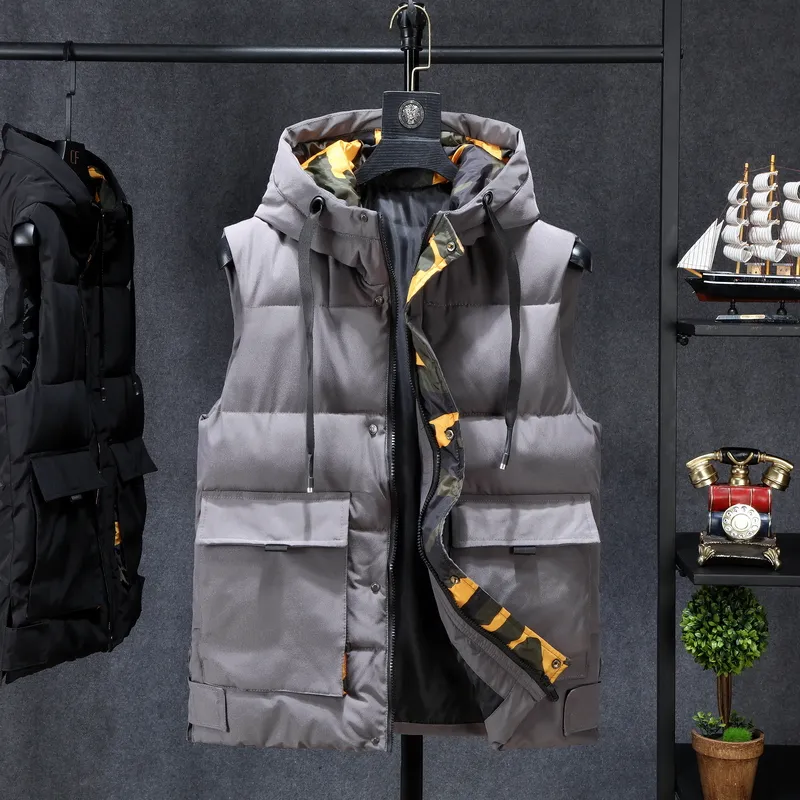 Winter Jackets Casual Mens Thick Vests Men Sleeveless Hoodie Coats Male Cotton Padded Warm Slim Big Pocket Waistcoat