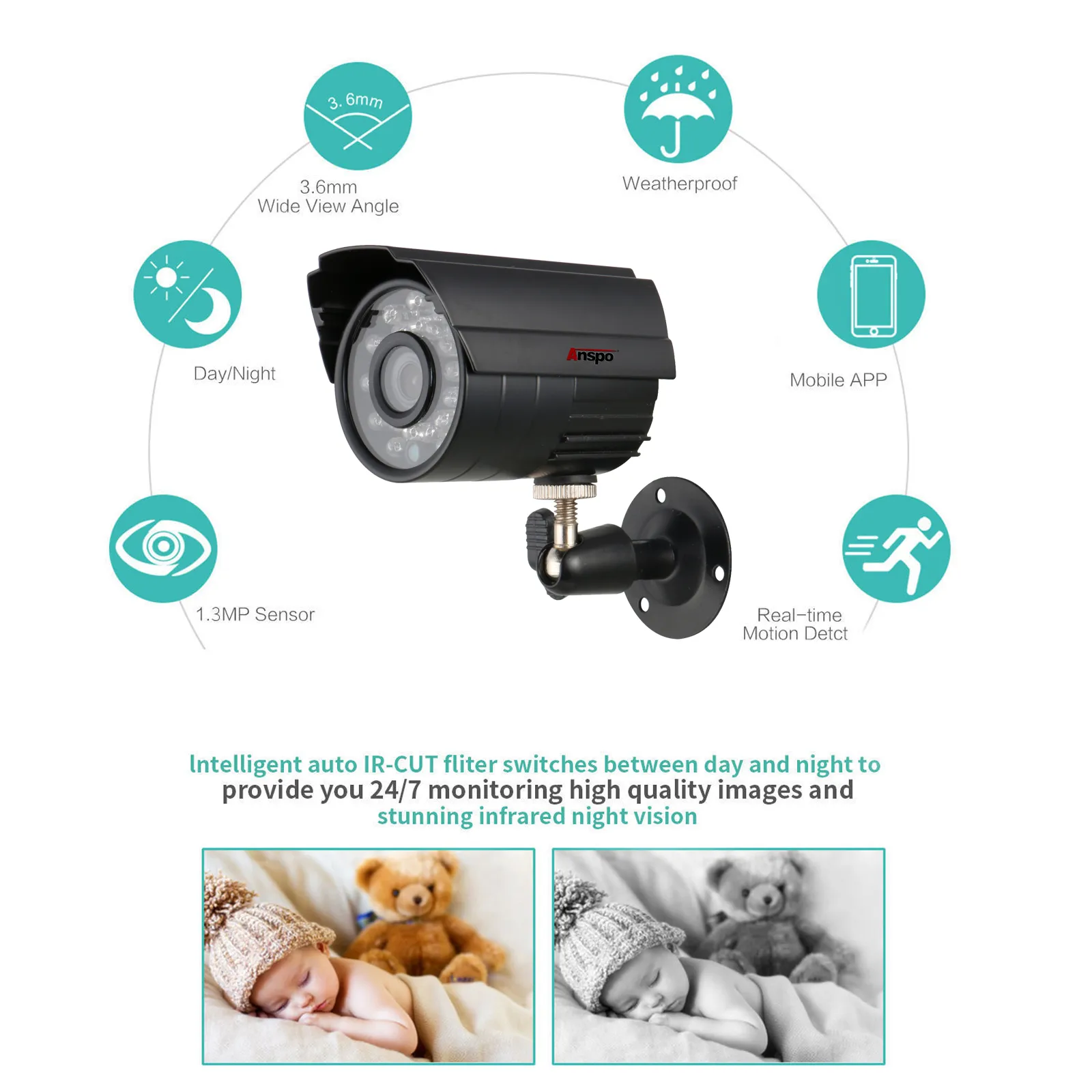 Anspo 4CH AHD Home Security Camera System Kit Waterproof Night
