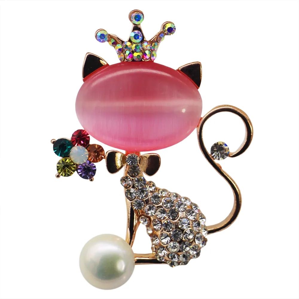 패션 매력 합금 다이아몬드 보석 크리스탈 쉘 왕관 고양이 진주 브로치 여성 매력 보석