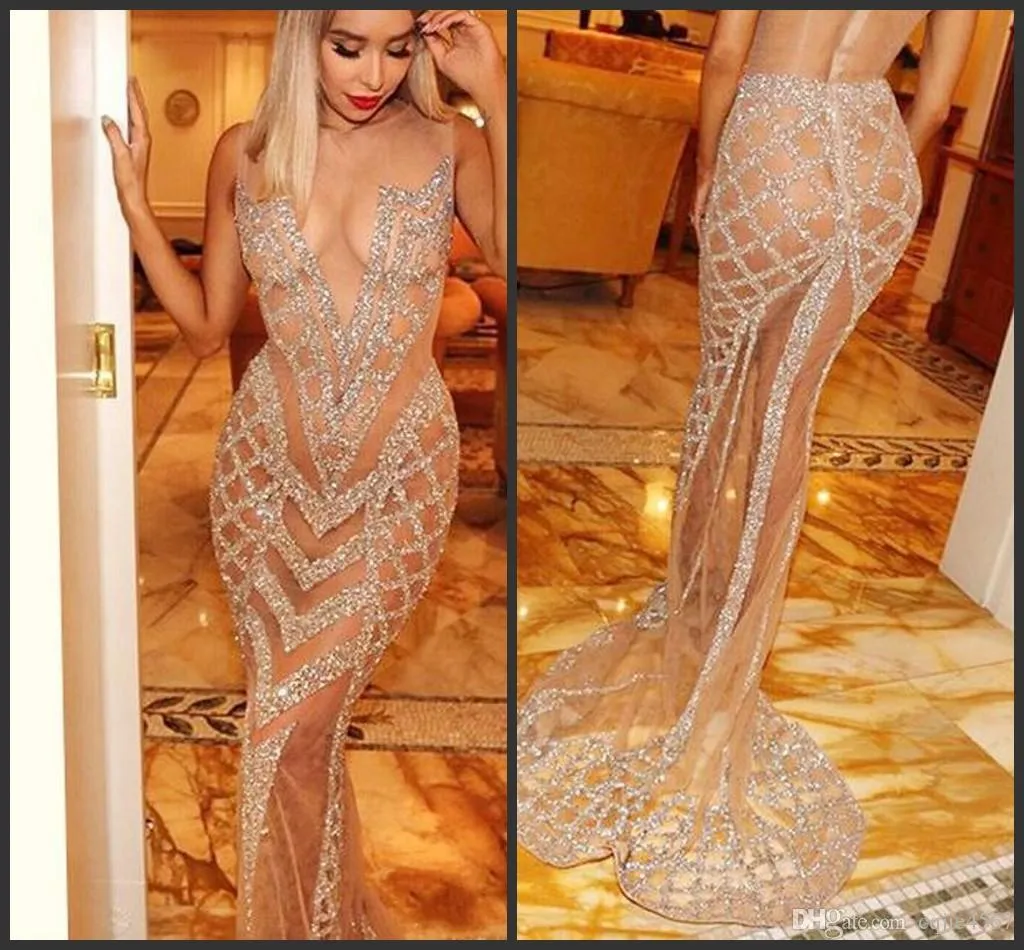 2020 New Sexy See Through Evening Dresses Crystals Beaded Mermaid Prom Dresses Illusion Sleeveless Sweep Train Cocktail Formal Party Dress