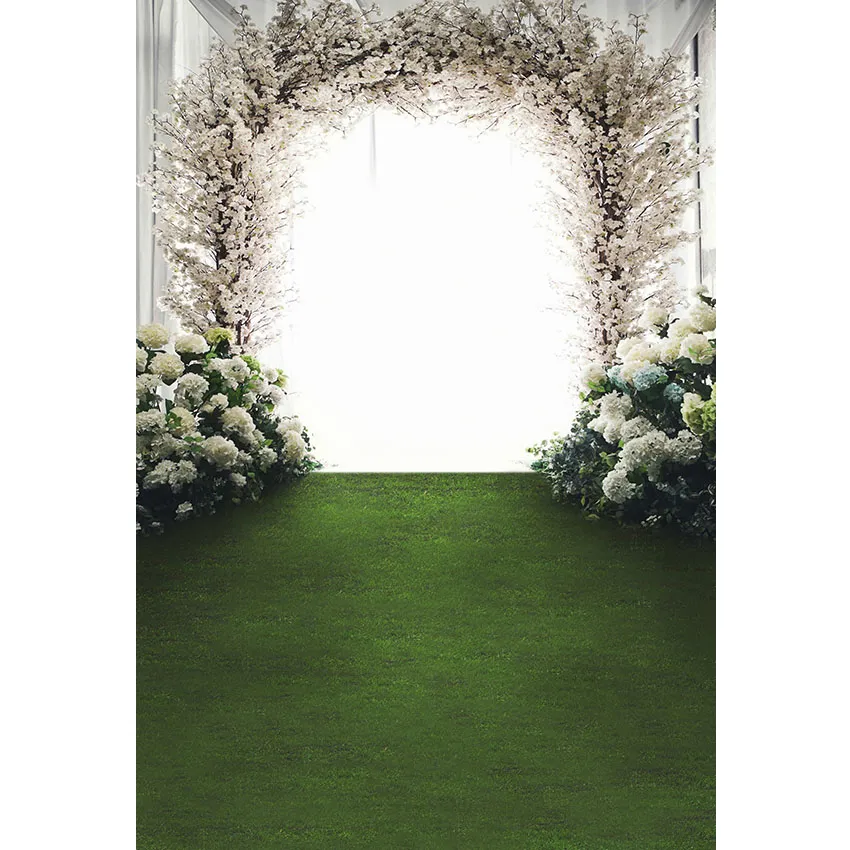Fenêtre lumineuse fleurs blanches arche porte mariage photographie toile de fond vinyle imprimé fleurs Photo Studio arrière-plans sol vert