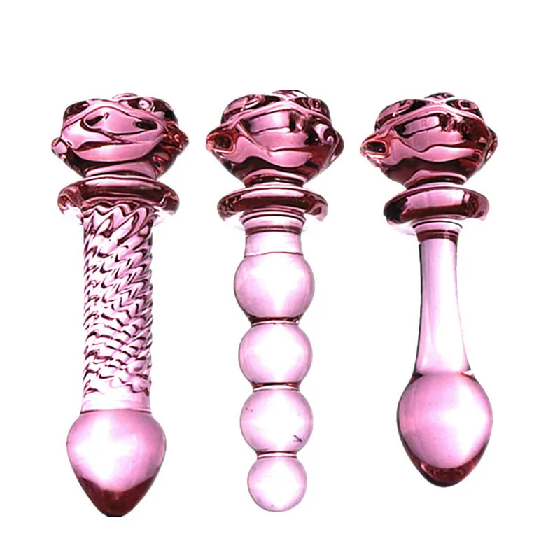 Nuevo Pink Rose Glass Anal Plug Smooth Anal Beads Prostata Masaje Glass Butt Plug Adultos Juguetes sexuales para mujeres Hombres Glass Dildo Y191024