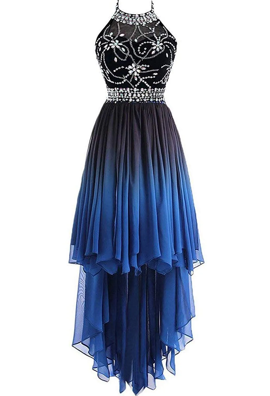 Ombre Halter vintage 80s prom dress with Crystals and Hi-Lo Gradient Back - Chiffon Homecoming Gown for Cocktail and Evening Parties (QC1333)
